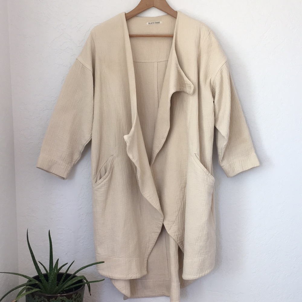 Black Crane Quilted Kimono Coat Jacket Robe Cream